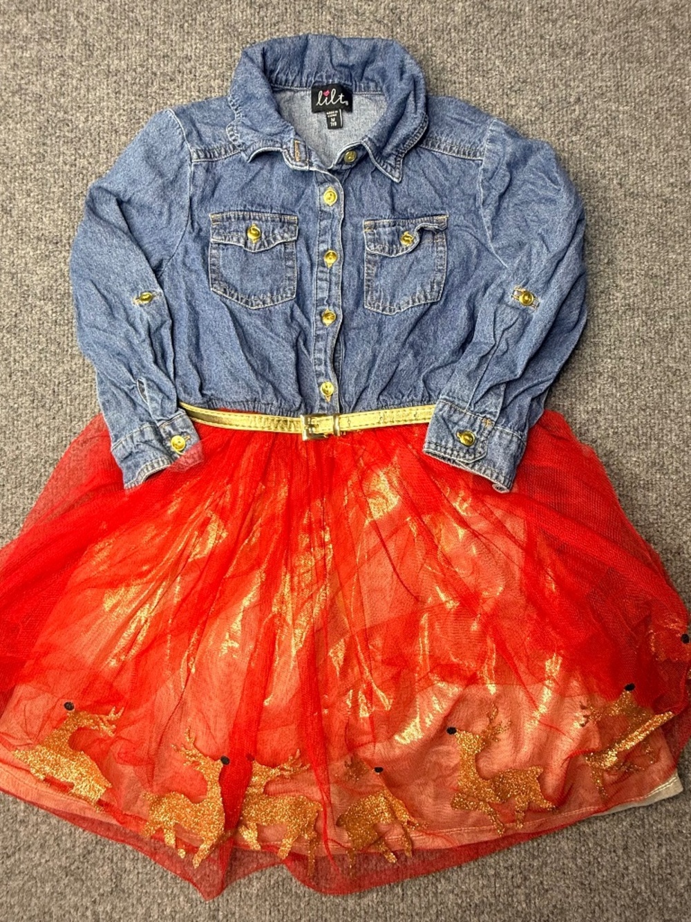 lilt holiday dress jean top w/ gold skirt red tulle glitter reindeer medium 7/8